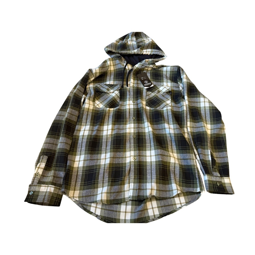 NWT Molokai Surf Co Mens Plaid Hooded Flannel Shirt L Green Gray Gorpcore Casual